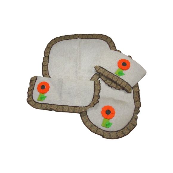 4PC MCM BATHROOM BATH RUG TOILET Seat & LID COVER Calico Ruffle Felt Flowers - Picture 1 of 11